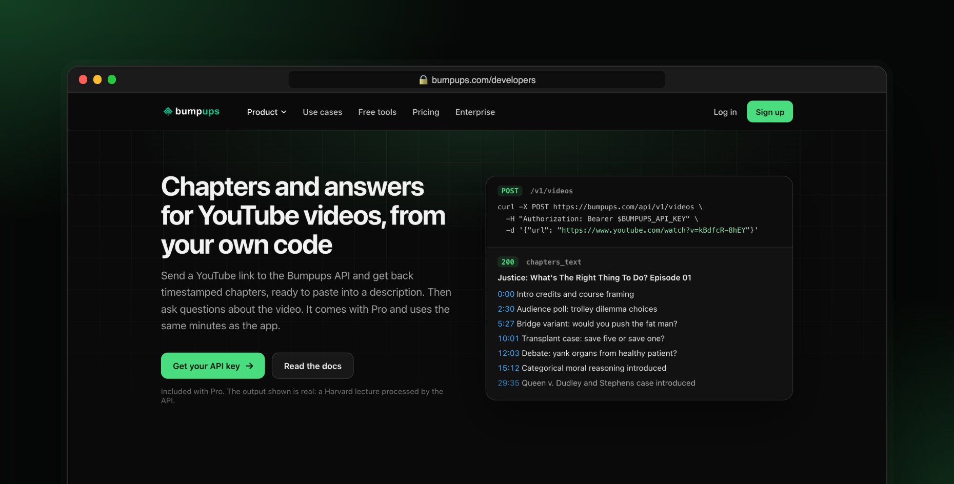 The Bumpups API page: a YouTube link sent to the API and the chapters it returns
