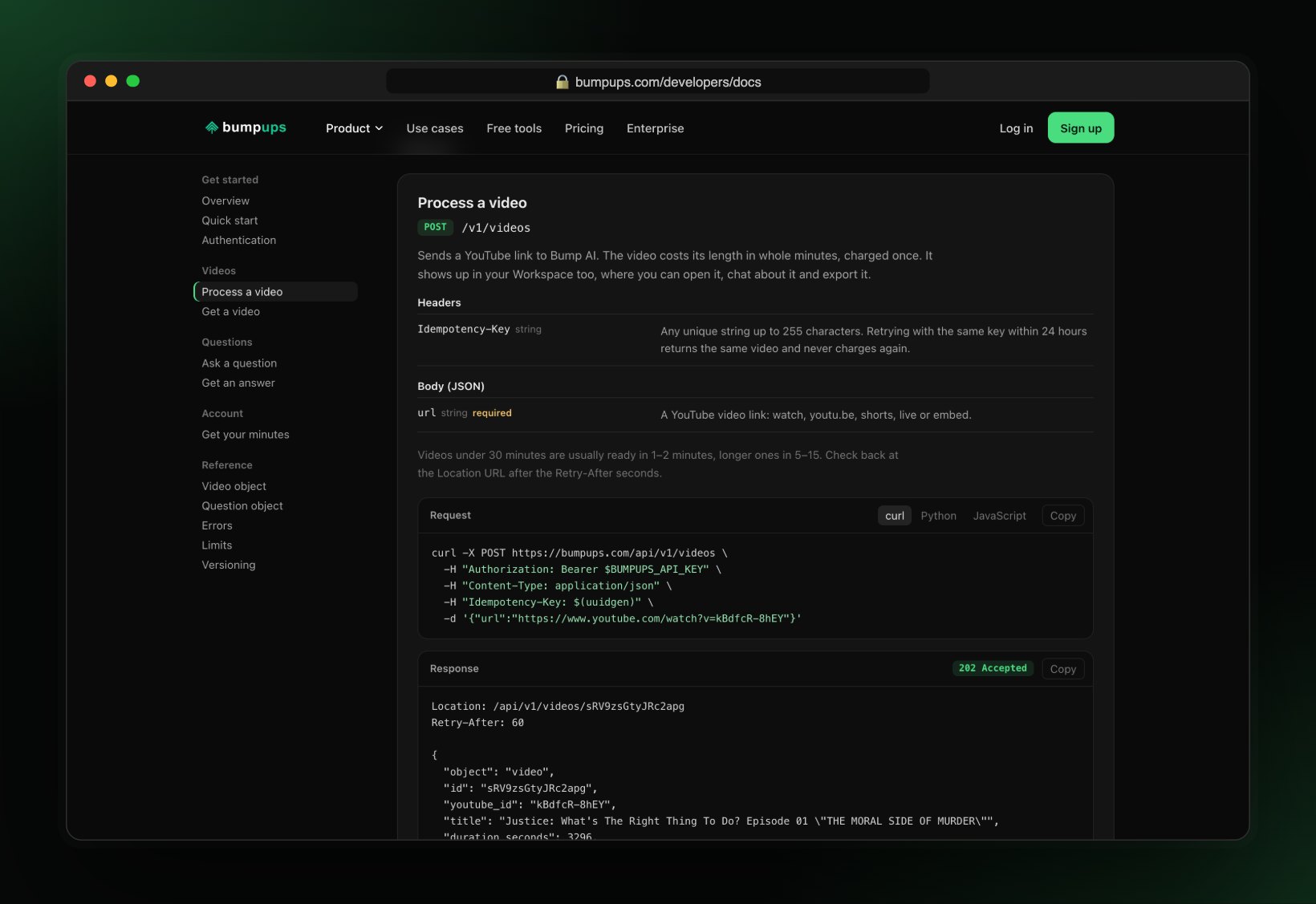 The API reference open at Process a video, with a curl request and the 202 Accepted response