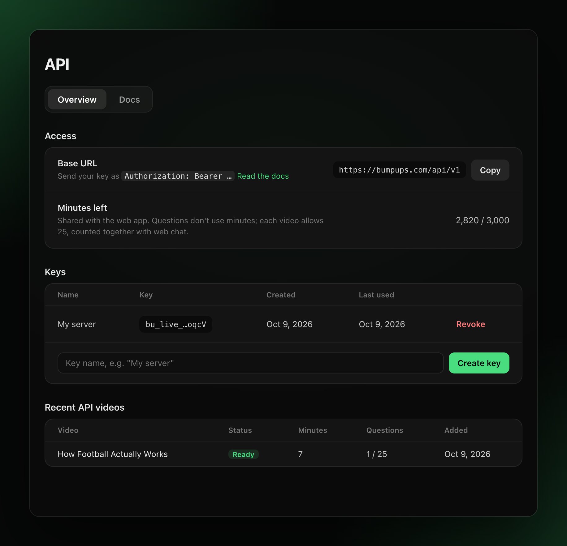The API page: the base URL, minutes left, a key named My server and a recent API video with 1 of 25 questions used