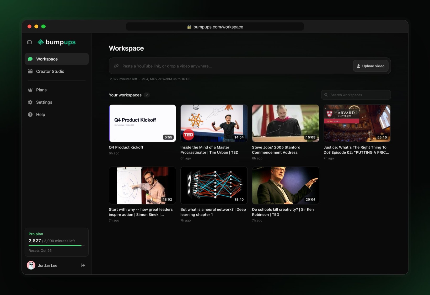 The new Workspace home: a link box, a searchable grid of videos and the new sidebar