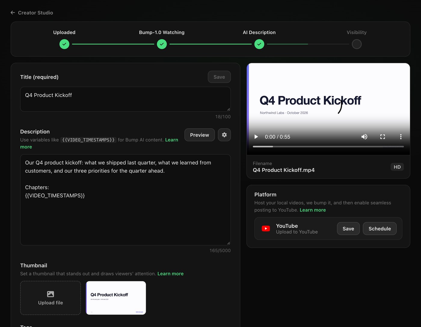 A video in Creator Studio, ready to save or schedule to YouTube