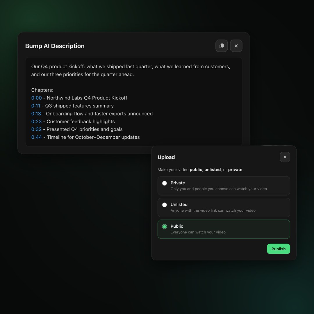 A description preview with its chapters filled in, beside the YouTube publish options