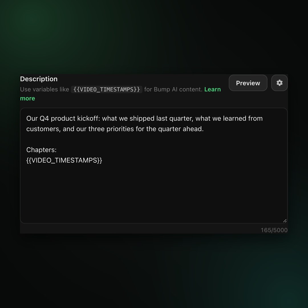 A Creator Studio description template using the {{VIDEO_TIMESTAMPS}} variable