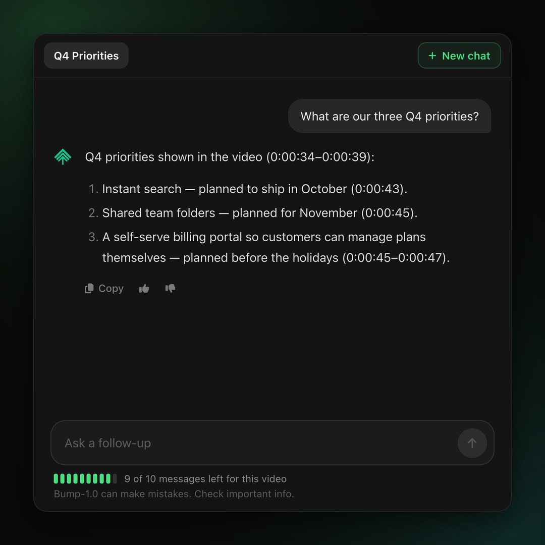 Bump AI listing the three Q4 priorities from an uploaded meeting, with timestamps