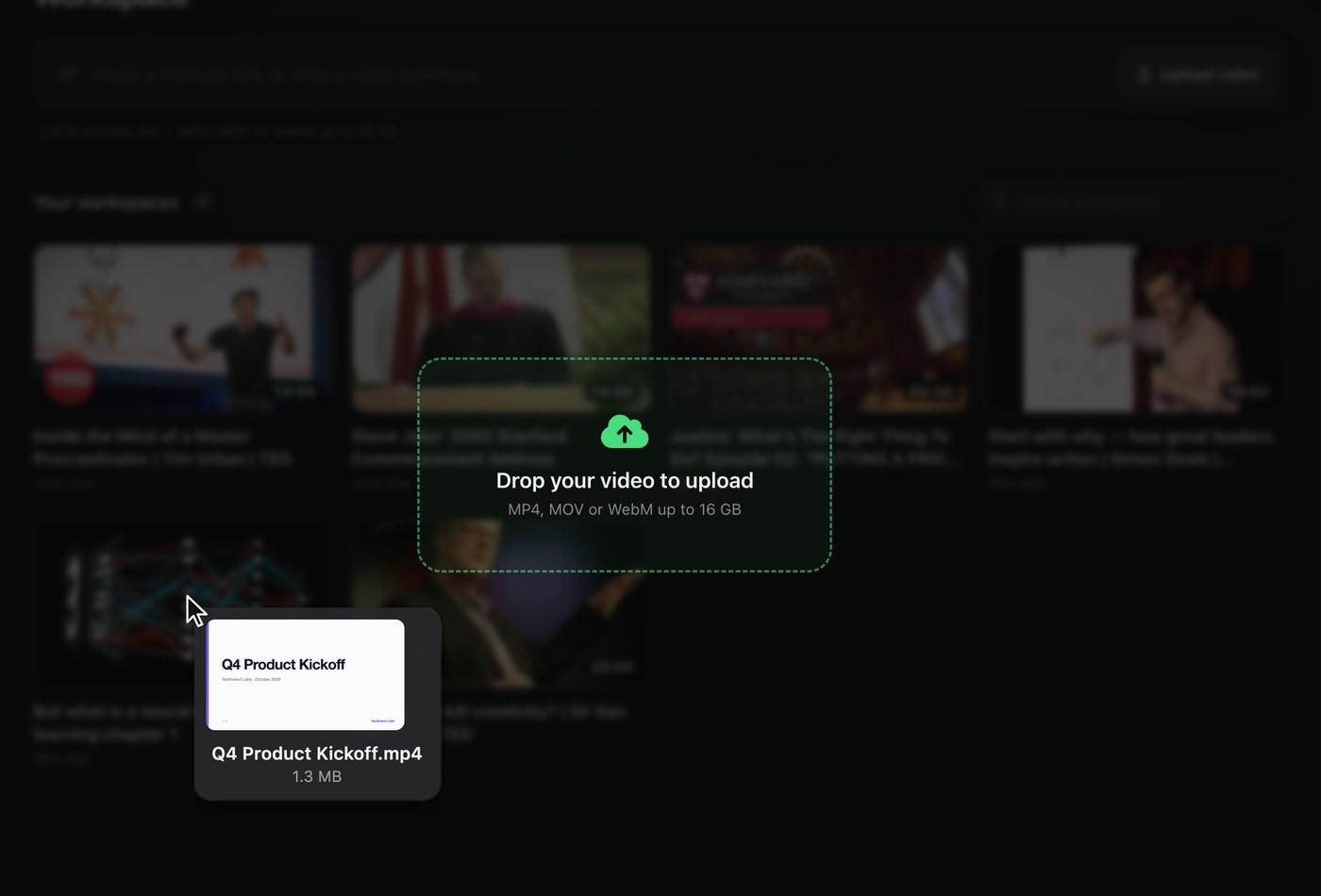A video file being dragged onto Bumpups to upload