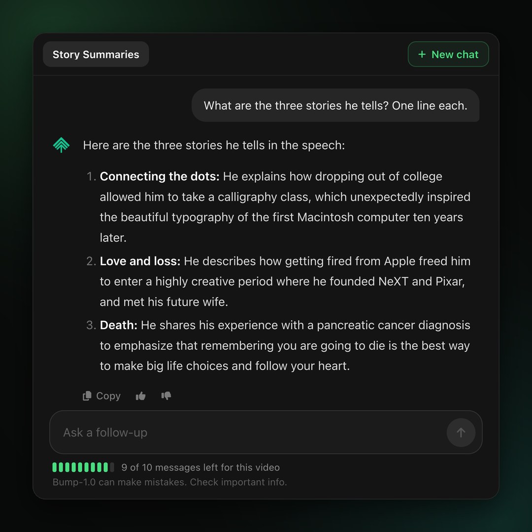 A workspace chat answering which three stories Steve Jobs tells in his Stanford commencement speech