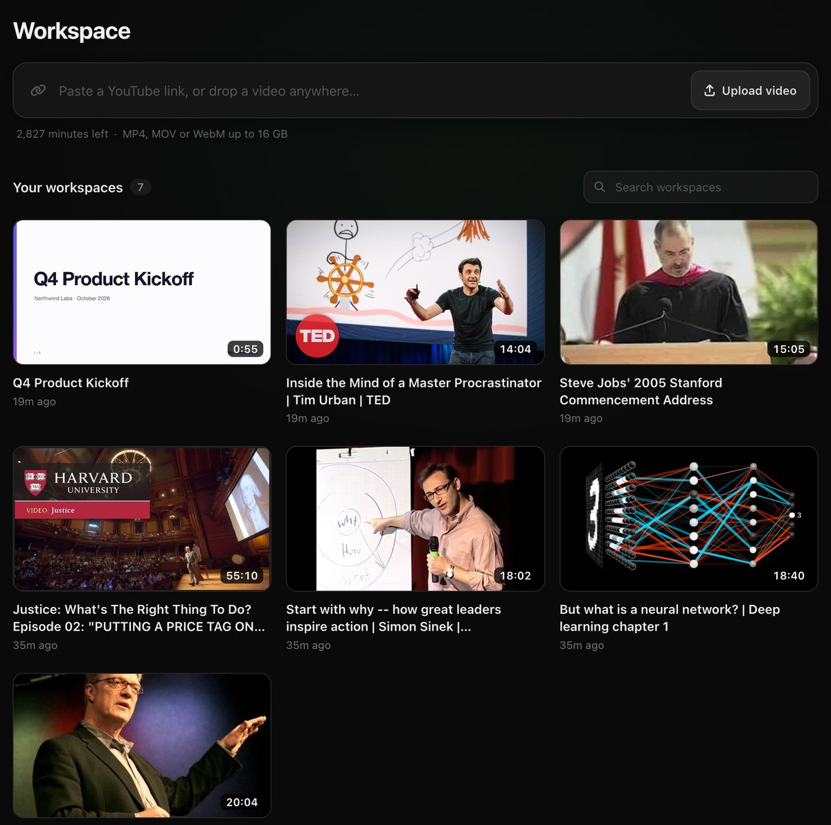Your workspaces in Bumpups: one per video, with its thumbnail and length