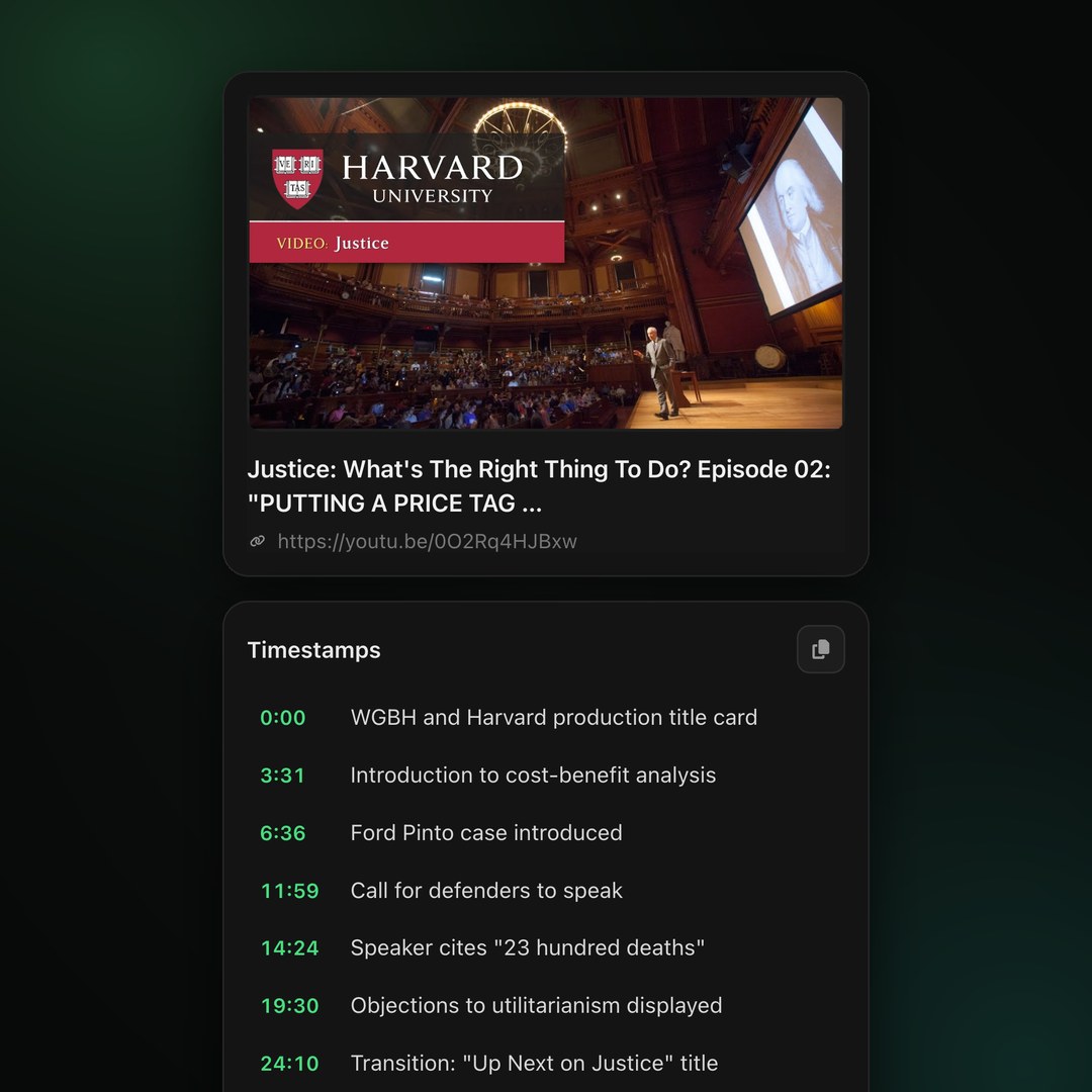 A Harvard lecture in a workspace, with its AI-generated timestamps